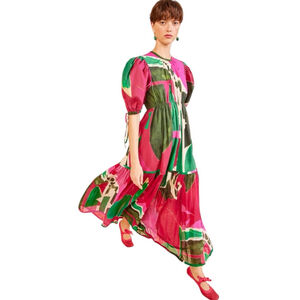 Ulla Johnson Pink and Green Collage Puff Sleeve Dress Size 8